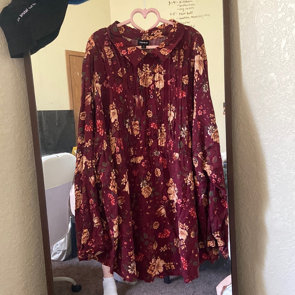 Torrid Maroon Purple Shirt or Shirt Dress, Floral Print Button Up